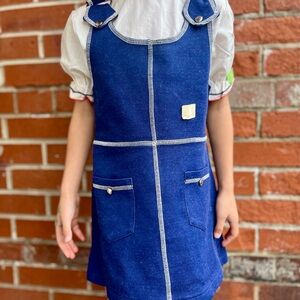 Vintage Girls Dress Mod Sleeveless Overall Dress with Pockets and Silver Buttons